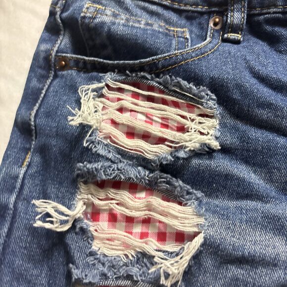 PROJECT REBEL DENIM Raw Hem Checkered Medium Wash High Rise Cut Off Shorts BL - Picture 5 of 15